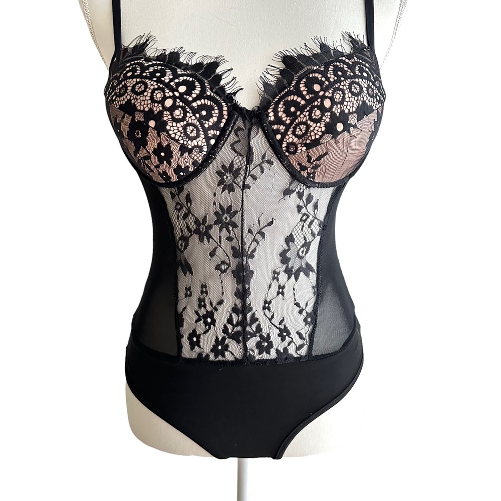 Haute Monde Black Lace One Piece Teddy Underwire Bra Snap Crotch Size Small